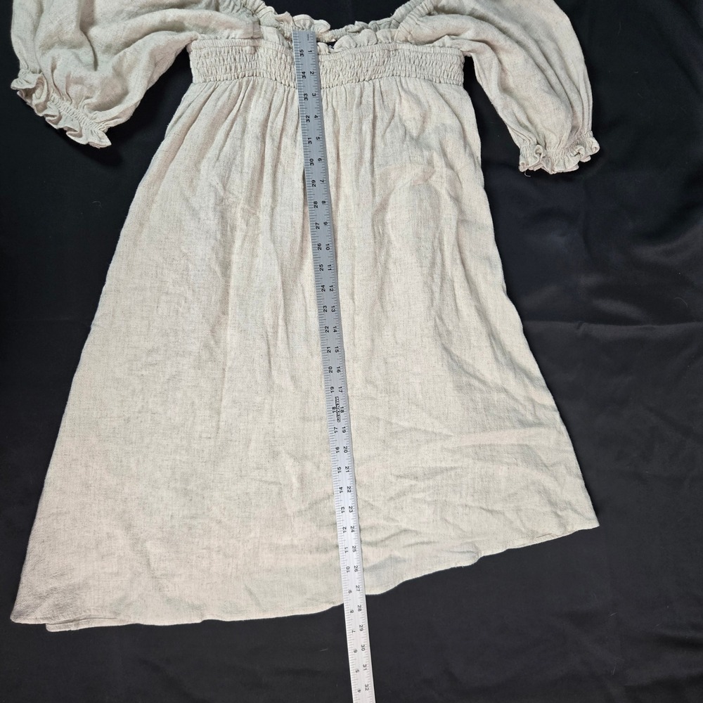 SUGAR+LIPS Off Shoulder Smocked Puff Sleeve Linen Blend Lined Dress Beige Size S - Picture 4 of 8